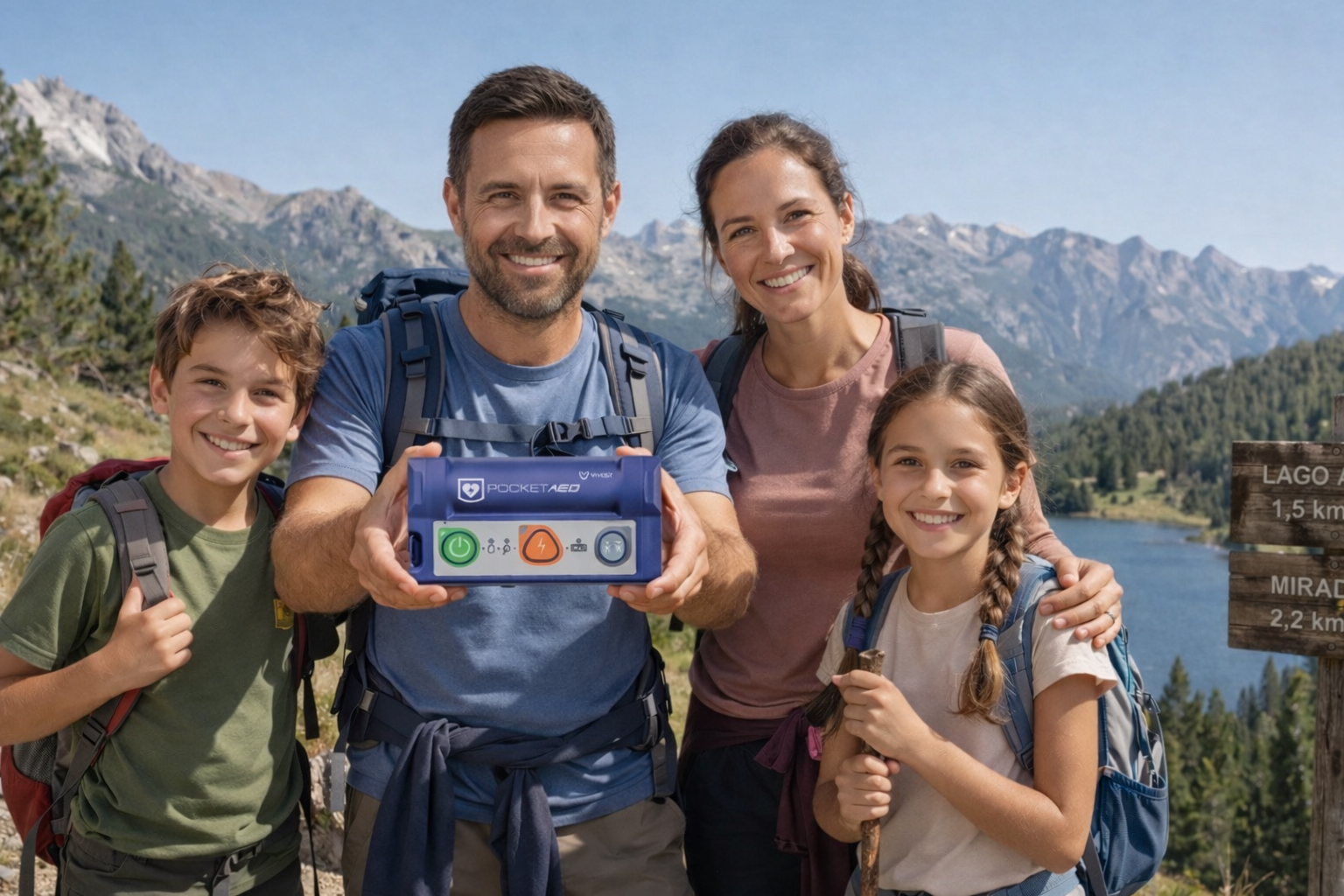 Familia de acampada con el desfibrilador personal de vivest